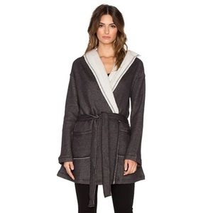 Sanctuary Fleece Wrap Jacket In Charcoal & Natural Size Small Hooded Tie Front